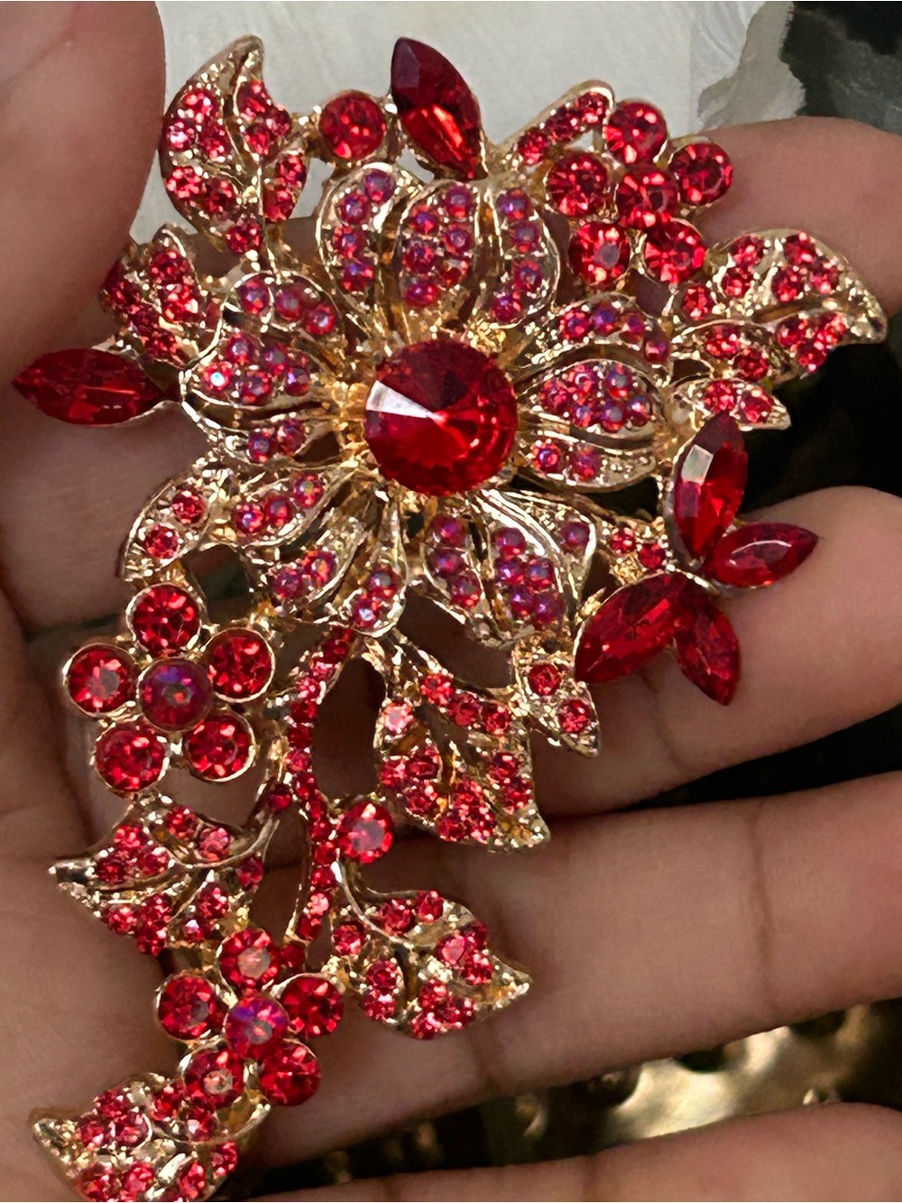 Gold-Tone Red Crystal Floral Brooch - Women Jewelry